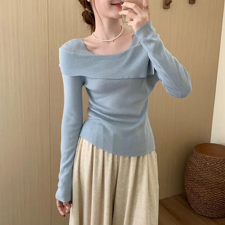甜美气质一字肩假两件淑女上衣2024秋新款韩版百搭修身显瘦针织衫
