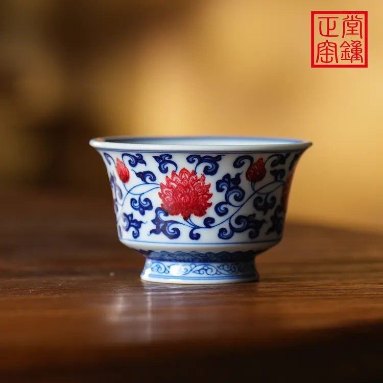 堂鍾正窑仿古青花釉里红缠枝马蹄杯景德镇陶瓷专用品茗茶杯