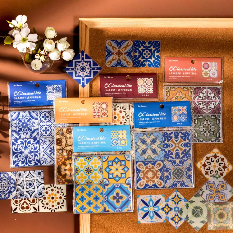 复古花砖贴纸自粘青花手帐装饰复古风瓷砖木柜家居装饰防水贴画