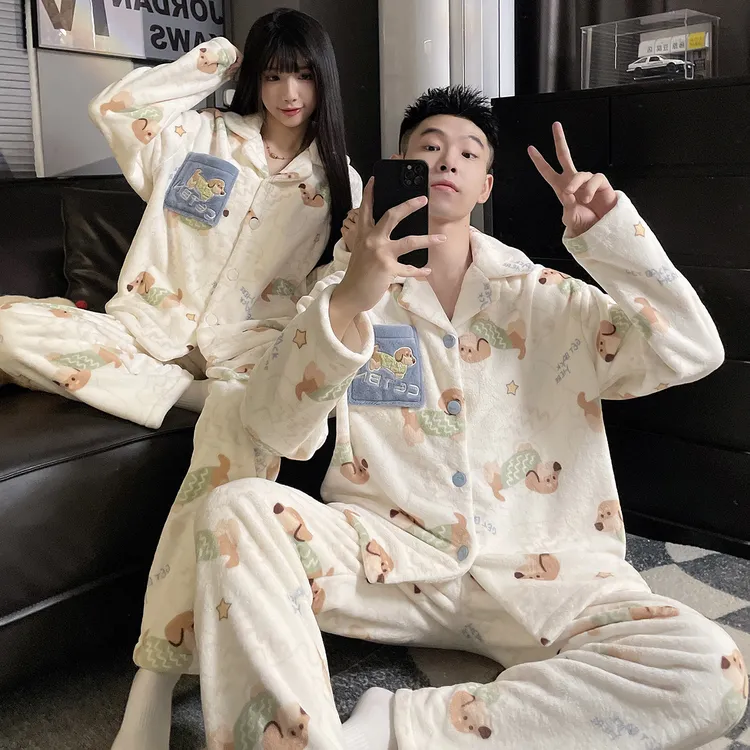 情侣睡衣秋冬季法兰绒加厚加绒卡通保暖套装新款薄绒男女士家居服
