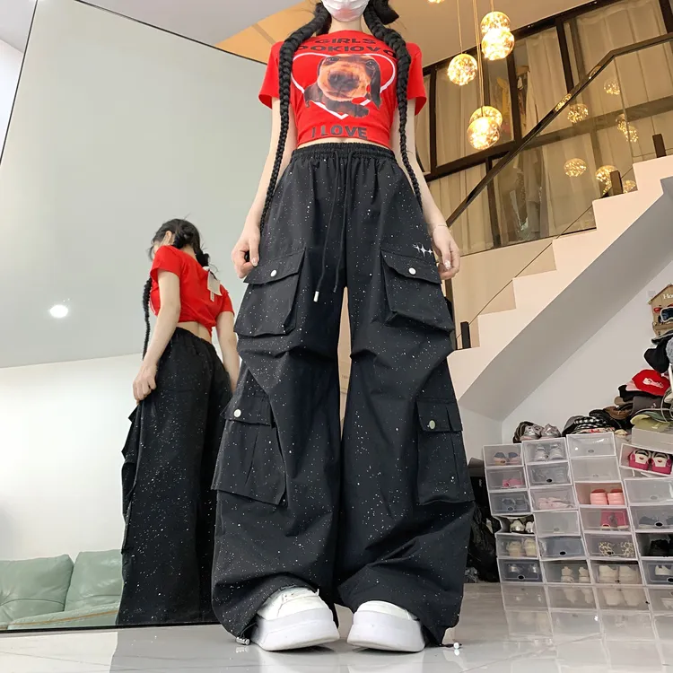 3183爵士辣妹褶皱细闪设计感工装裤