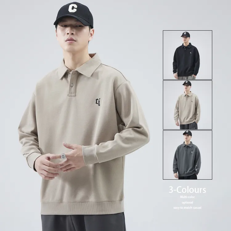 潮牌宽松大码卫衣男士长袖春季美式重磅休闲翻领t恤春装POLO衫领