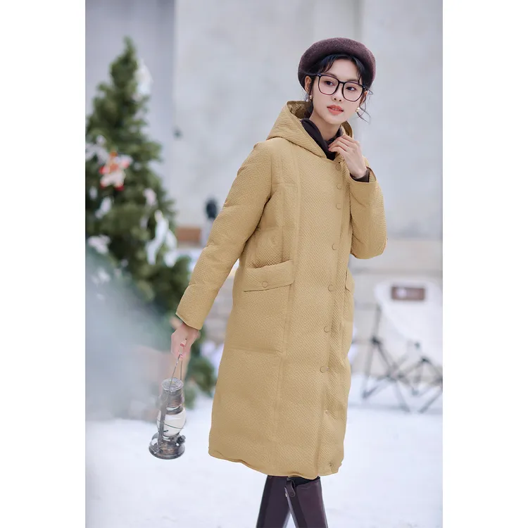 黄色连帽白鸭绒羽绒服洋气女中长款2025新款中长款羽绒服女小个子