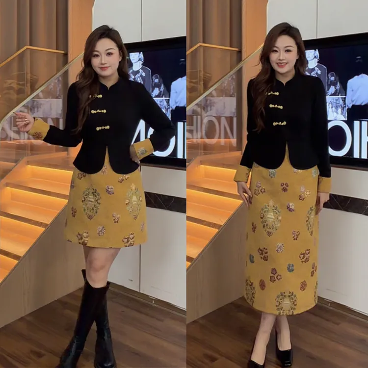 花菜微胖定制~【岁岁无忧】秋冬新款设计感复古拼接新中式国风裙