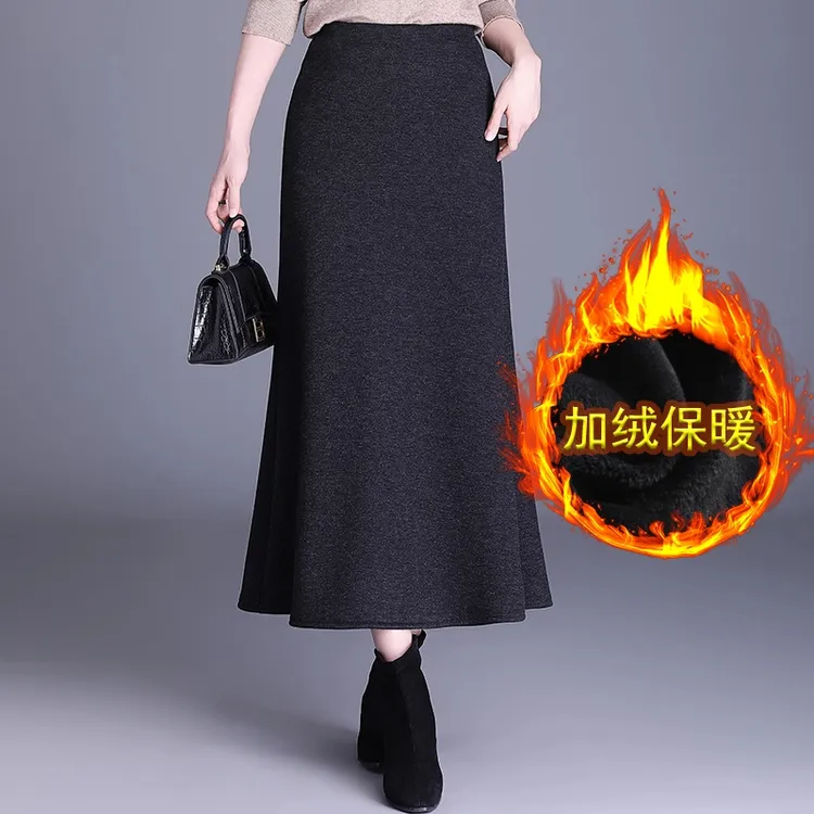 绵羊毛加绒半身裙女高腰鱼尾裙毛呢加厚包臀裙一步裙中长款冬裙子