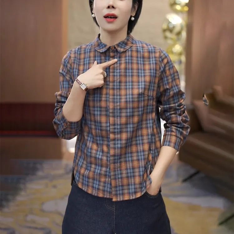 2025秋季格子复古长袖衬衫女轻奢高级感宽松显瘦洋气减龄内搭上衣
