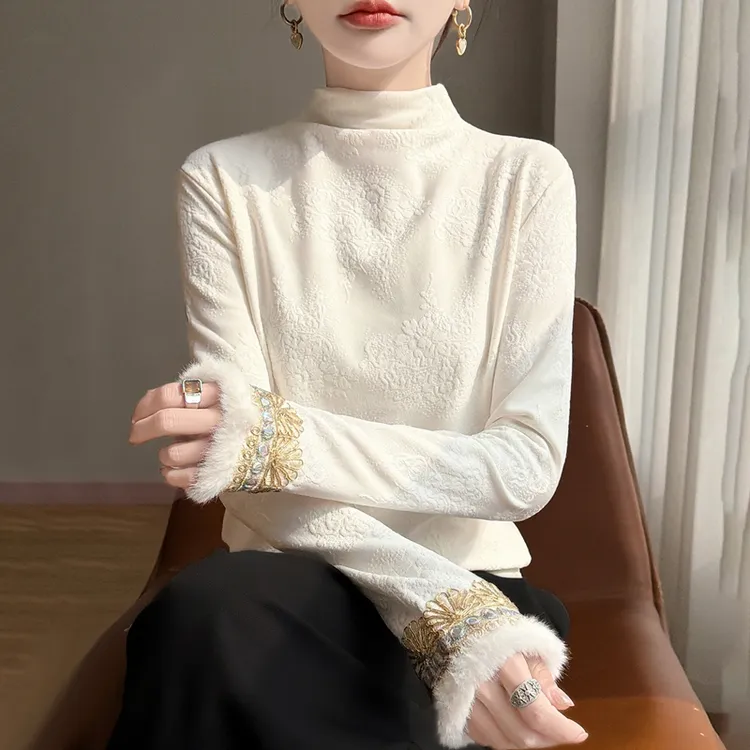 秋冬新款新中式提花半高领加绒打底衫女上衣