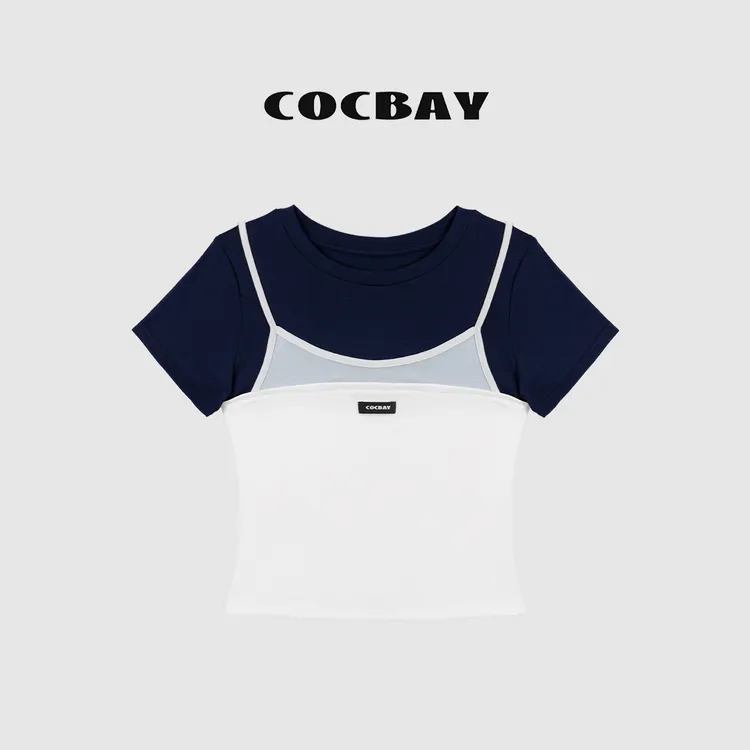 COCBAY-Urban Drift|假两件撞色抹胸吊带拼接休闲短袖T恤YT0011
