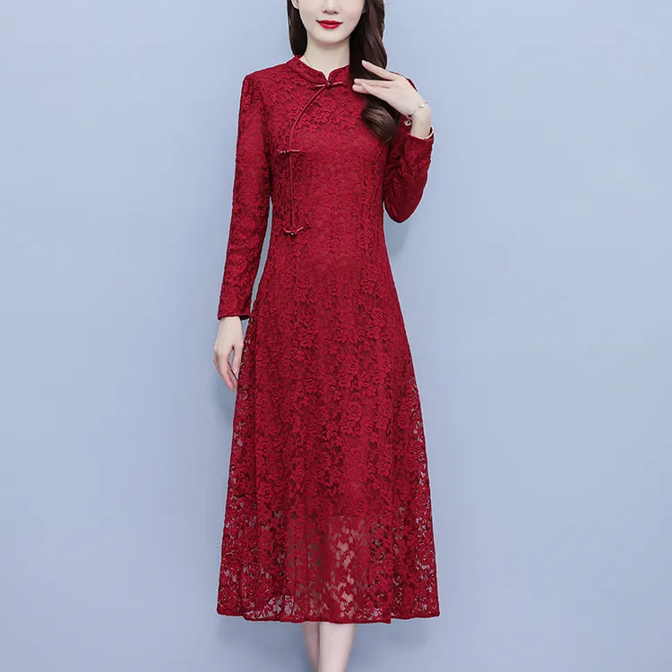 2025春季蕾丝连衣裙高腰修身显瘦中国风喜婆婆装大弹力