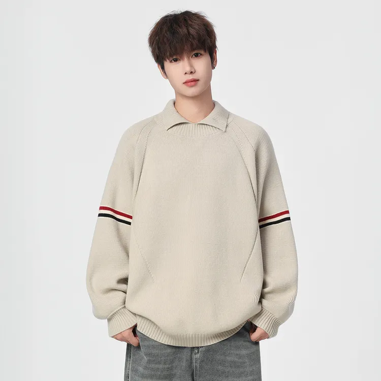 Mexican/稻草人秋冬季翻领撞色毛衣针织男士灰色亨利领针织衫宽松