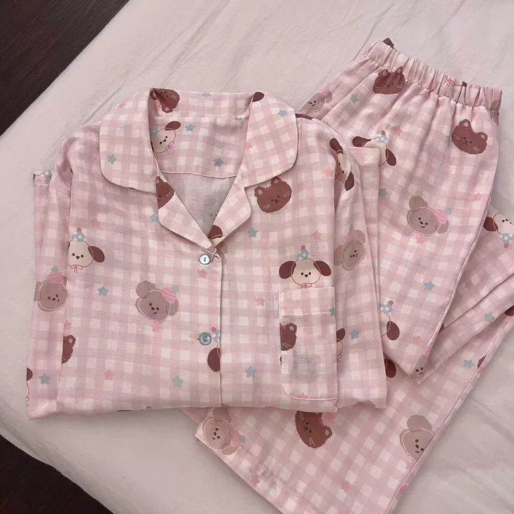 【DMXJ大梦想家】甜美慵懒风卡通格子睡衣女秋季新款长裤家居服套装