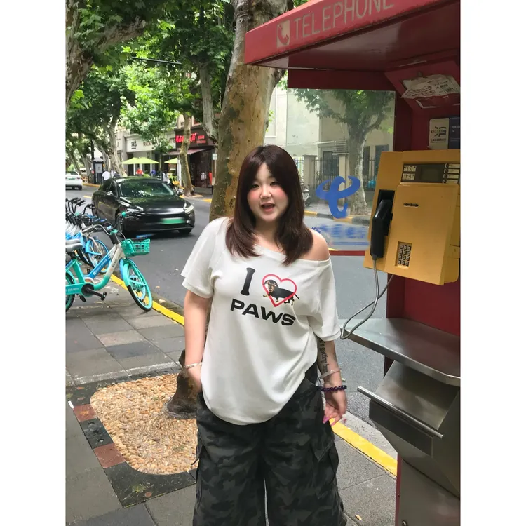 CD.soul 大码美式复古辣妹狗狗印花露肩短袖t恤女一字肩上衣夏