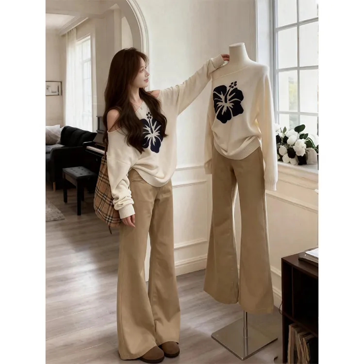 巨好看的秋装一整套韩系气质小香风白色斜肩针织毛衣休闲裤套装女