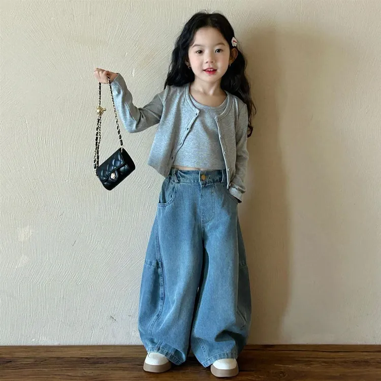 女童春装套装2025新款洋气儿童短款长袖开衫背心牛仔裤女宝宝春秋