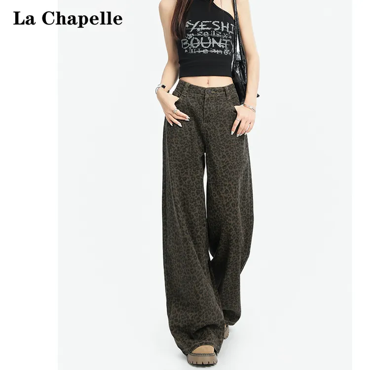 La Chapelle/拉夏贝尔豹纹阔腿牛仔裤女2025早秋新款显瘦直筒裤子