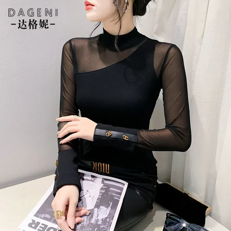 半高领镂空网纱拼接t恤打底衫女2025早春新款内搭设计感长袖上衣