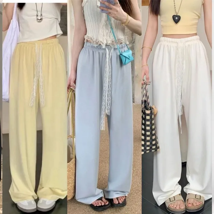 义乌女裤蕾丝抽绳山本裤夏季肌理感女直筒裤高腰显瘦拖地阔腿长裤