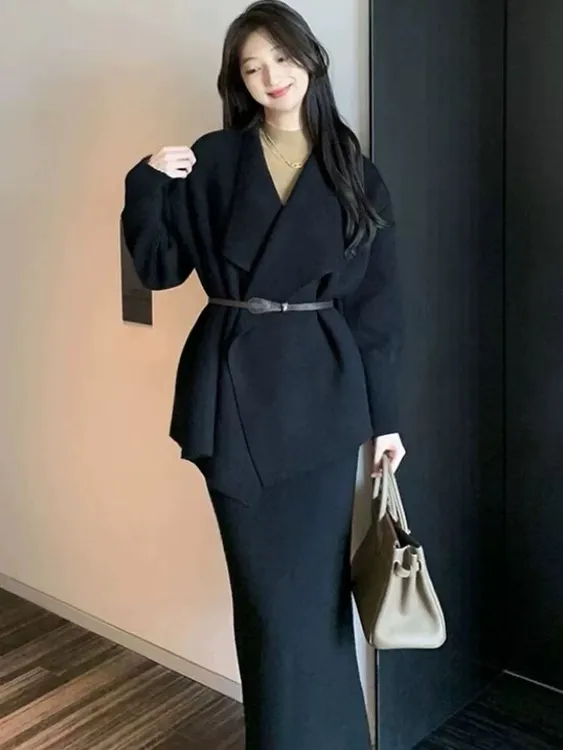 【送腰带】名媛风INS风轻熟风时尚套装时尚长袖开衫长款+半身裙潮流