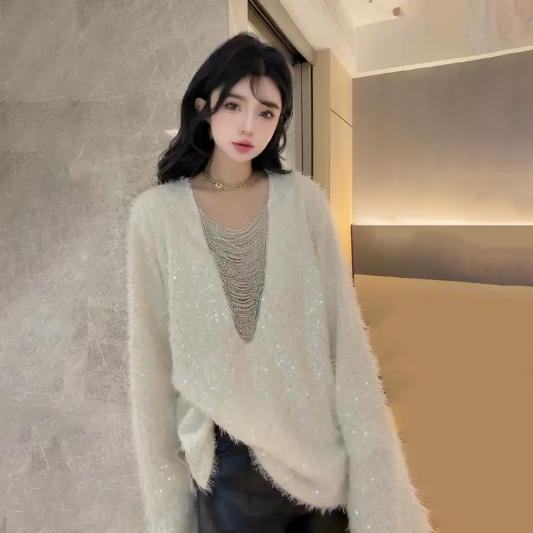 欧洲站V领软糯松弛时尚小衫女冬季新款宽松漂亮性感亮片长袖上衣