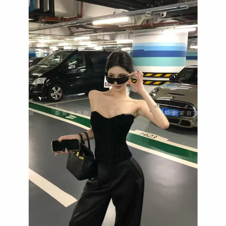 蔡蔡家「鱼骨抹胸」性感立体束身收腰露肩修身背心皮裤套装2014#