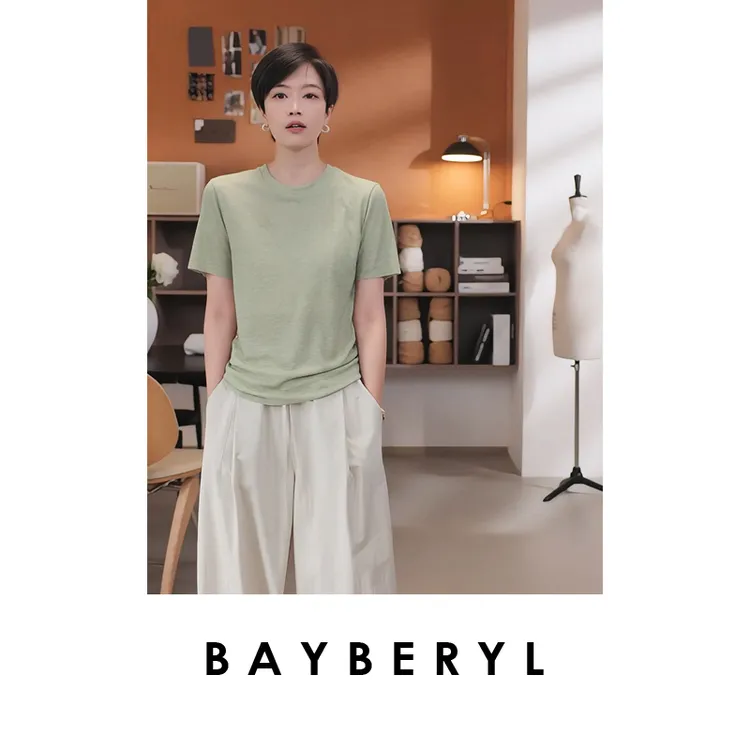 BAYBERYL老贝显瘦牌*细条圆领亲肤百搭修身短袖T恤NT5E0718