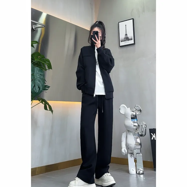 秋季新款男士纯色立领卫衣套装时尚休闲运动直筒卫裤两件套情侣款