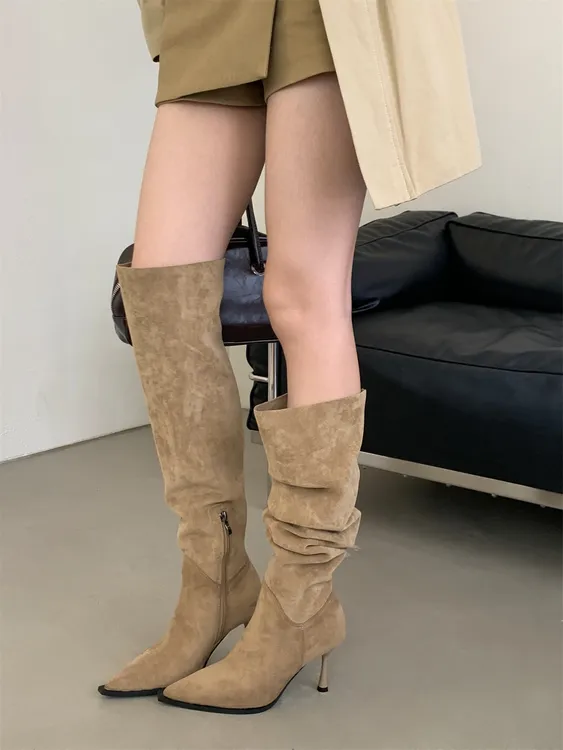 过膝长靴女2025年秋冬季绒面高筒弹力靴尖头瘦瘦靴细跟两穿堆堆靴