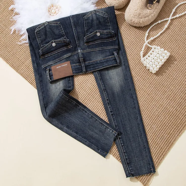 雾霾蓝显瘦高腰牛仔裤女2025秋冬新款小个子紧身配靴子铅笔小脚裤