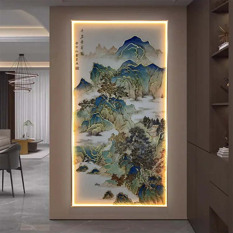 立体浮雕鎏金玄关画走廊过道尽头新中式装饰画客厅山水壁画高档
