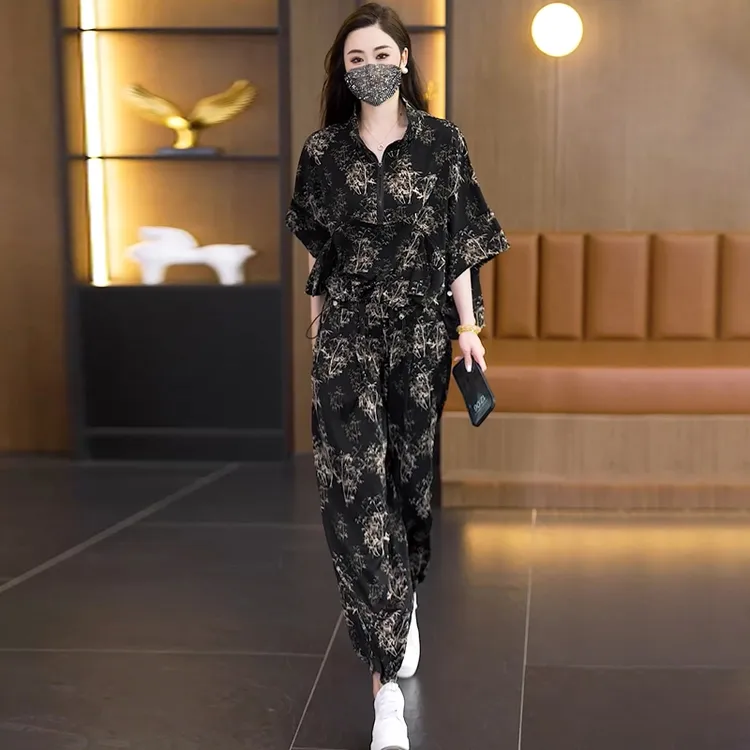 时尚套装女宽松大码胖MM印花夏季休闲2025新款显瘦哈伦裤两件套