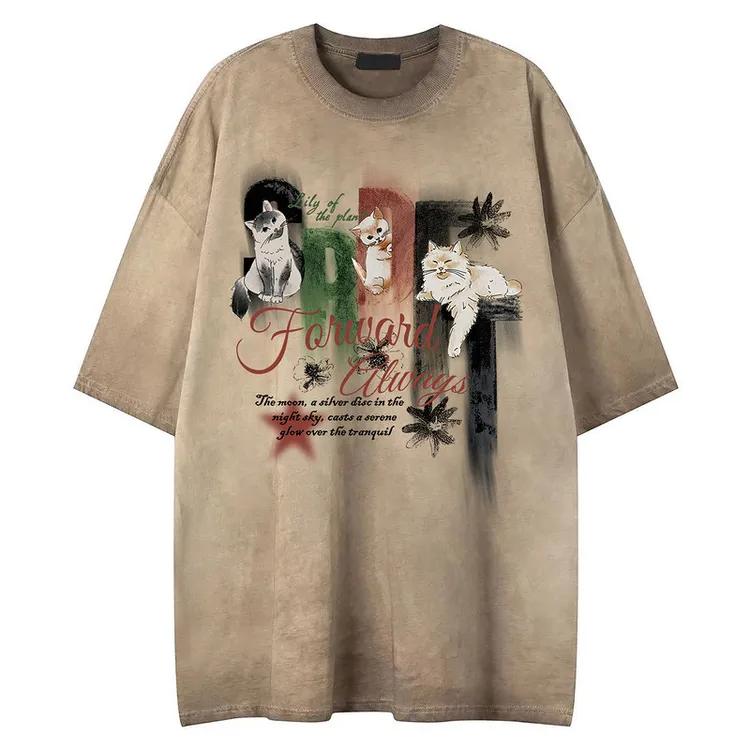 美式街头猫咪印花脏染短袖T恤男女夏季潮牌宽松oversize半袖体恤