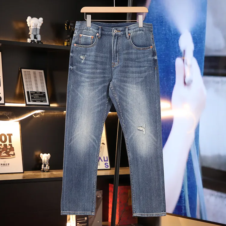 定织柔软 水洗破洞夏款牛仔裤男士直筒宽松赤耳丹宁新款裤子