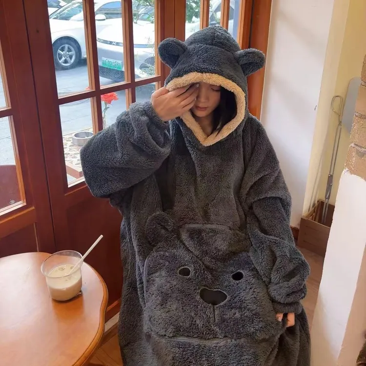小雪睡袍 | 深灰色小熊睡袍 加绒睡袍长款保暖宽松冬季连帽时尚