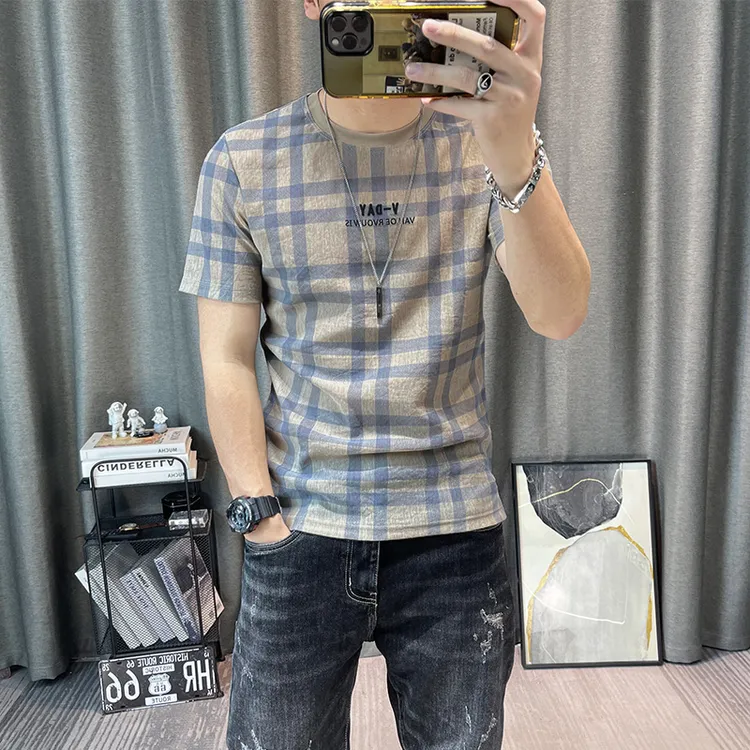 格子短袖t恤男仿天丝棉麻半袖上衣夏季新款帅气修身休闲圆领体恤