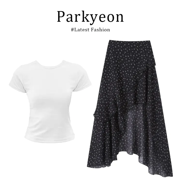 夏装超火一整套白色正肩短袖上衣高腰不规则碎花半身裙女