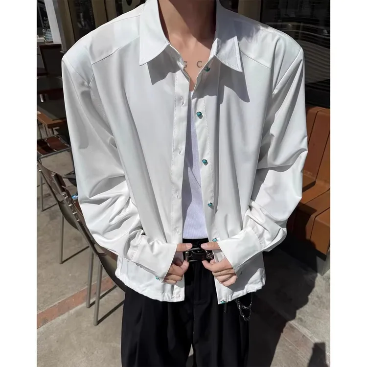 白色抽绳束腰冰丝衬衫男长袖夏季垫肩防晒衬衣cleanfit薄款外套