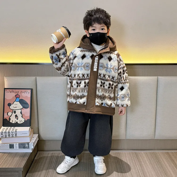 男童冬装加绒加厚毛毛衣外套洋气痞帅男小童冬季棉衣儿童新款棉服