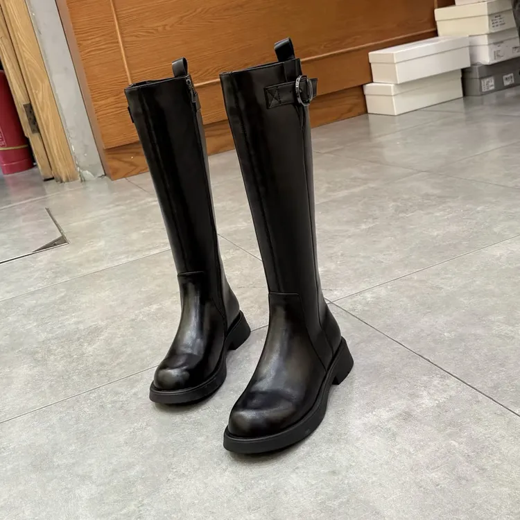 bf-d0759秋冬新款爆款全皮加棉平底圆头显瘦膝下长靴