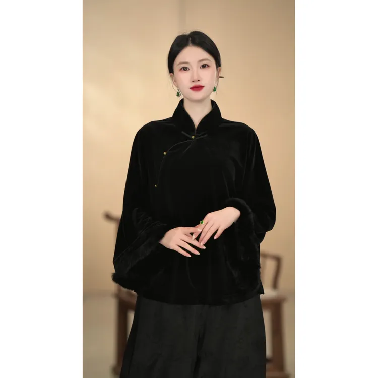 「拾墨」新中式秋冬款气质复古黑色晋制时尚立领斜襟汉服长袖上衣