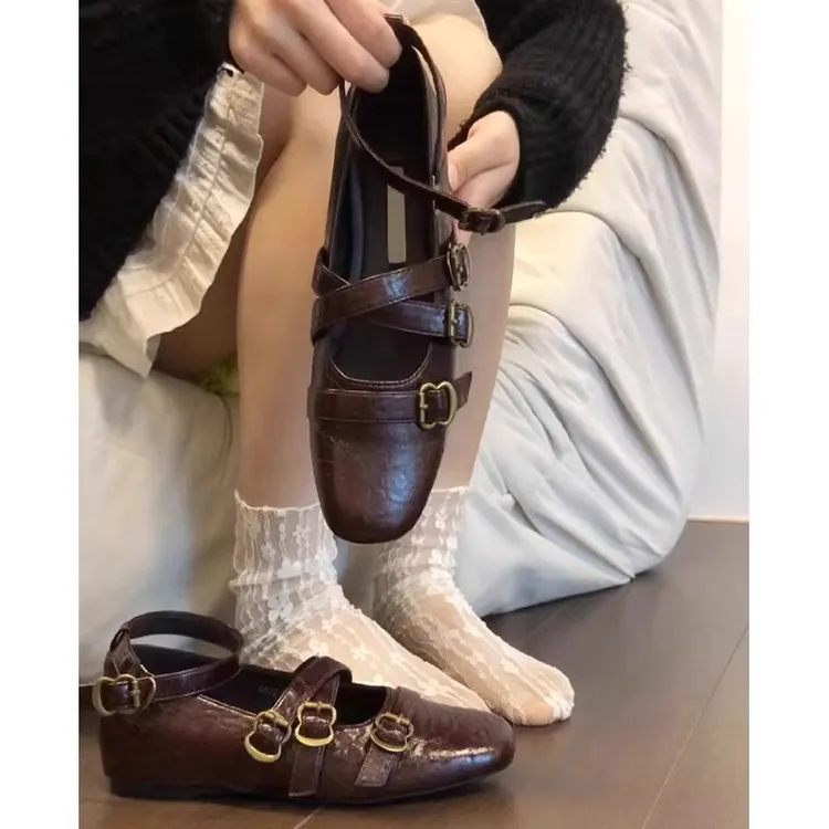 【万象撤柜】软皮版！复古内增高浅口玛丽珍鞋女交叉皮带扣百搭单鞋