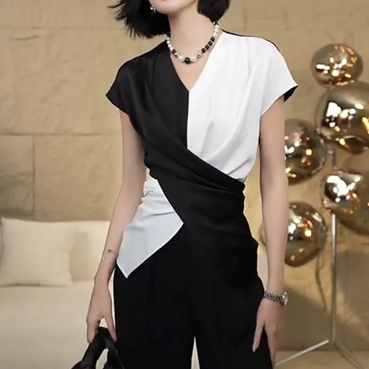 法式轻奢撞色V领衬衫女新款高级优雅遮肉显瘦凉感慵懒多穿法上衣