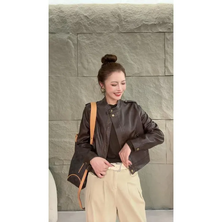 2025秋季新款复古美式棕色小个子皮衣外套女气质网红洋气炸街女装