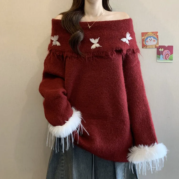 圣诞过年红色独特一字肩毛衣秋冬大码女装复古减龄慵懒显瘦针织衫