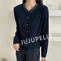 镶钻气质高级感纯色小翻领2025早秋新款针织开衫女款宽松毛衣长袖