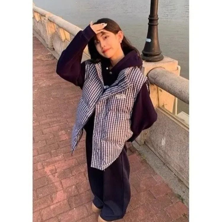 2025秋冬季韩版复古百搭新款格子立领棉服马甲坎肩无袖冬季外套女