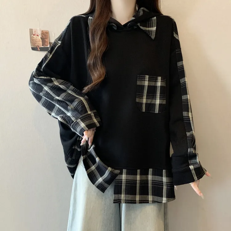 大码假两件格子拼接连帽卫衣女秋冬胖MM宽松显瘦百搭洋气长袖上衣