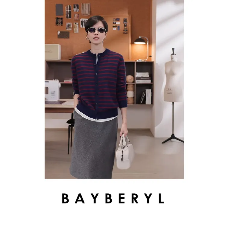 BAYBERYL老贝信条衫*撞色红藏青丝羊绒圆领针织衫ZZS5I1803-10/18