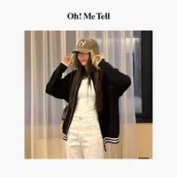 Oh！Me Tell【MK同款】字母提花立领条纹拉链长袖毛衣针织开衫外套女