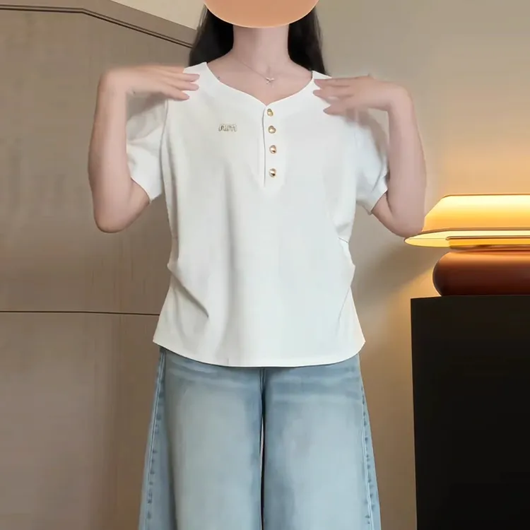 大码正肩设计感收腰v领短袖t恤女夏季微胖mm显瘦气质百搭纯色上衣