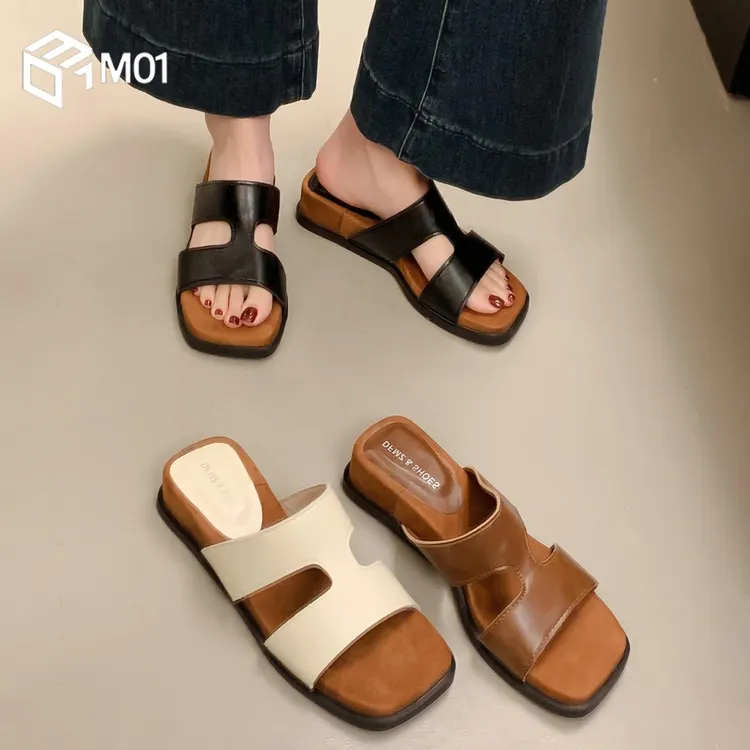 M01绝美复古一字拖鞋女士外穿夏季法式坡高跟海边仙女风凉拖鞋子